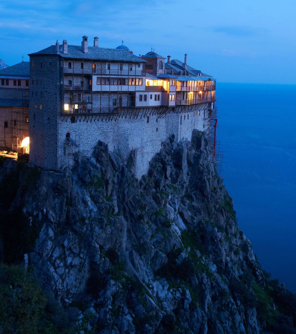 Simonos Petras Monastery in Athos at night.